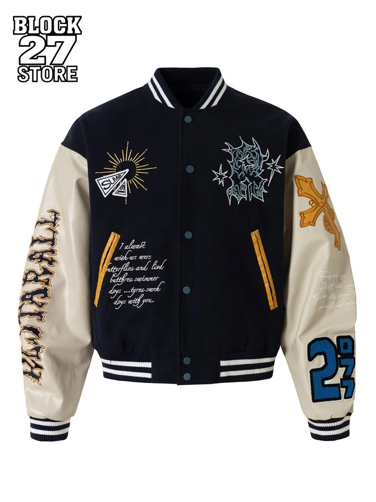 

Jackets for Man Streetwear High Street Baseball Jacket Color Block PU Leather Sleeve Embroidery Design Autumn Winter New Fashion