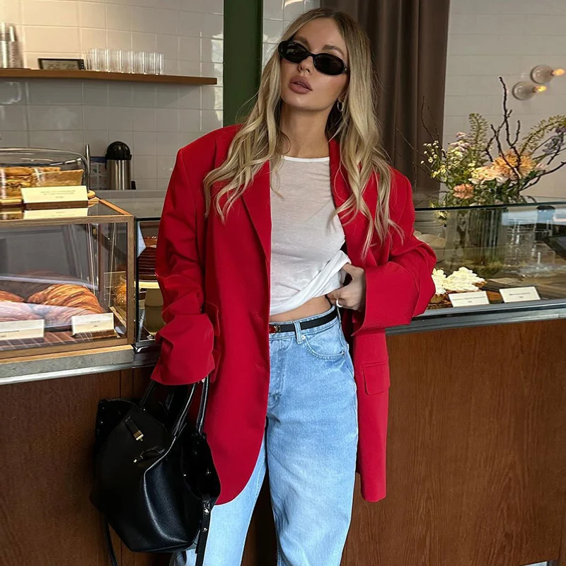 DGLUKE Red Oversized Blazer Woman 2024 New In Coats and Jackets Single Breasted Loose Casual Blazer For Women Autumn Outerwear