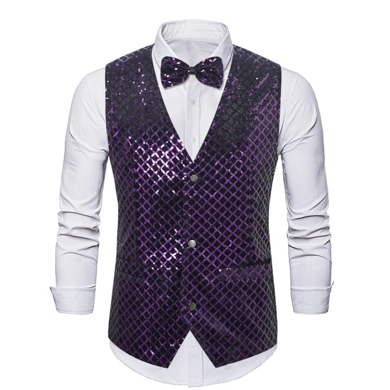 2024 New Autumn Winter Fashion Shiny Sequin Suit Vest for Men, Silver/Red/Purple  Weste Herren， Chalecos Vestir Hombre Eur Size