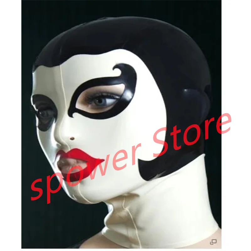 

Natural Latex Full Head Latex Hoods Rubber Mask Fetish Cosplay Costumes White with Black Trim Back Zip Club Wear