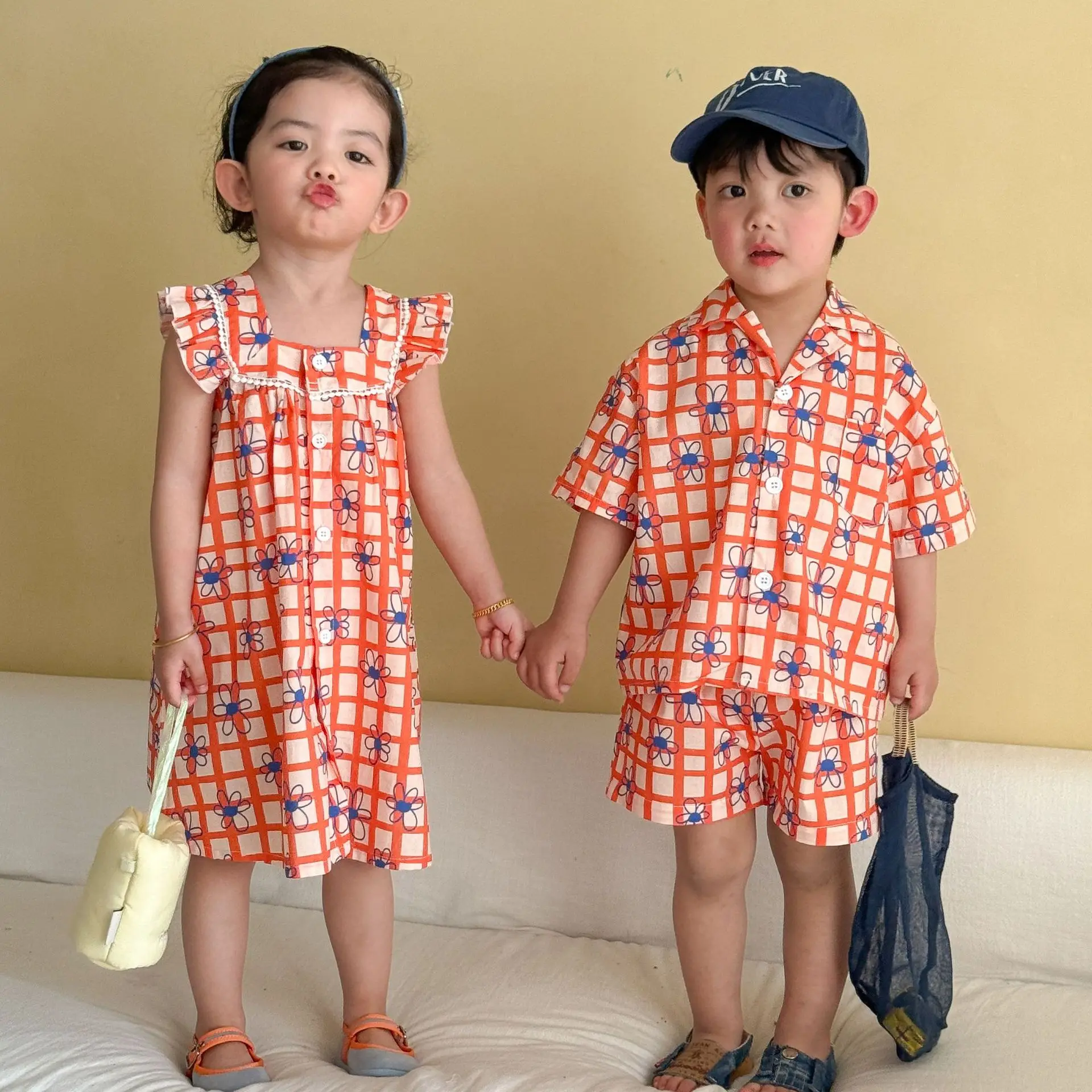 Set 2026 Spring Summer New Children's Clothing Korean Style Boys and Girls Holiday Plaid Shirt Shorts Dress Brother and Sister