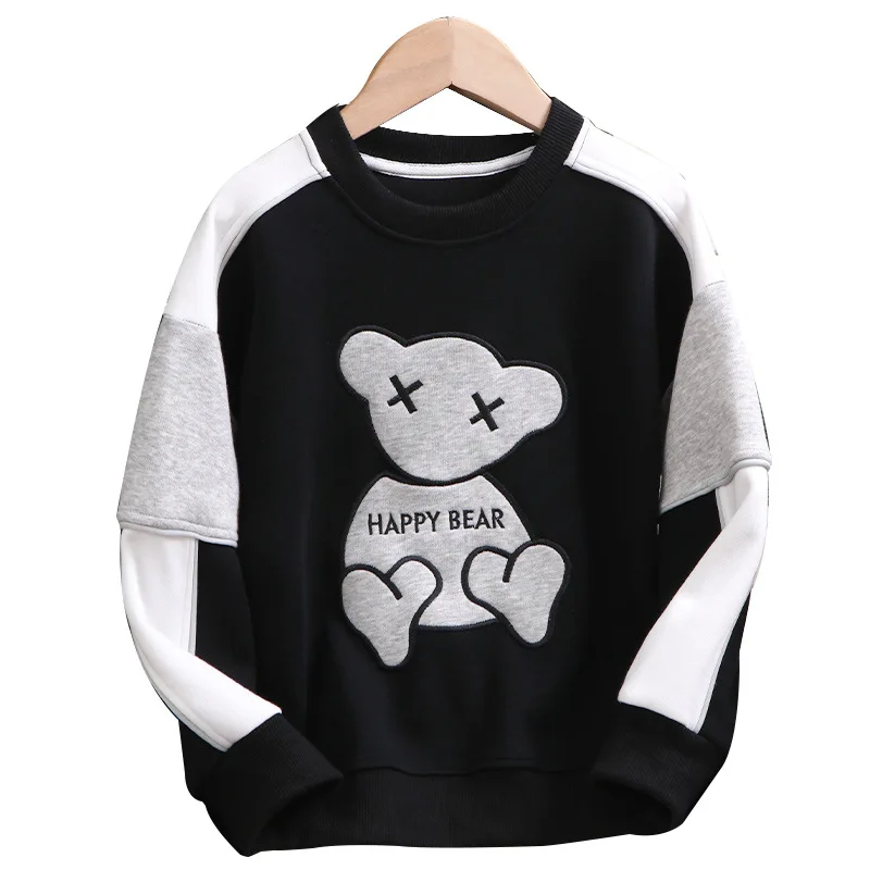 

2-16 Years Spring Autumn Tops Clothing Girl Boy Cotton Cartoon Bear Black Grey Sweatshirt Gilrs Boys Clothes Kids Sweatshirt