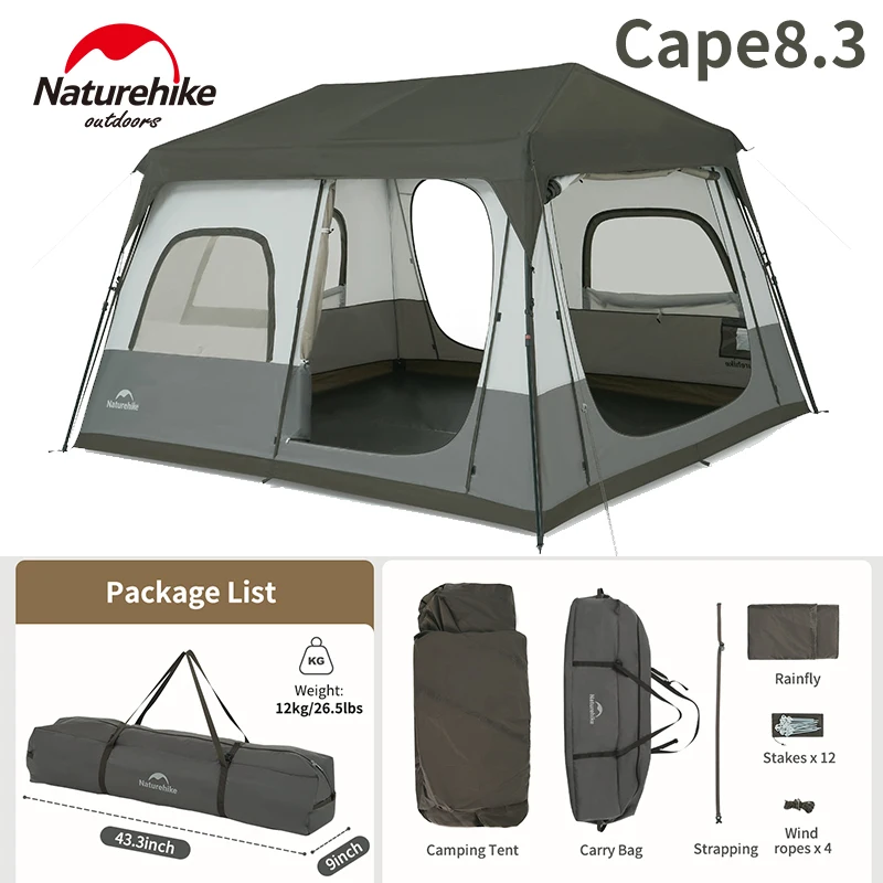 

Палатка-дом Naturehike Cape8.3, водонепроницаемая (ПУ3000ММ+), из Оксфорда 150D, для активного отдыха и кемпинга, на 6-8 человек, большая палатка-дом
