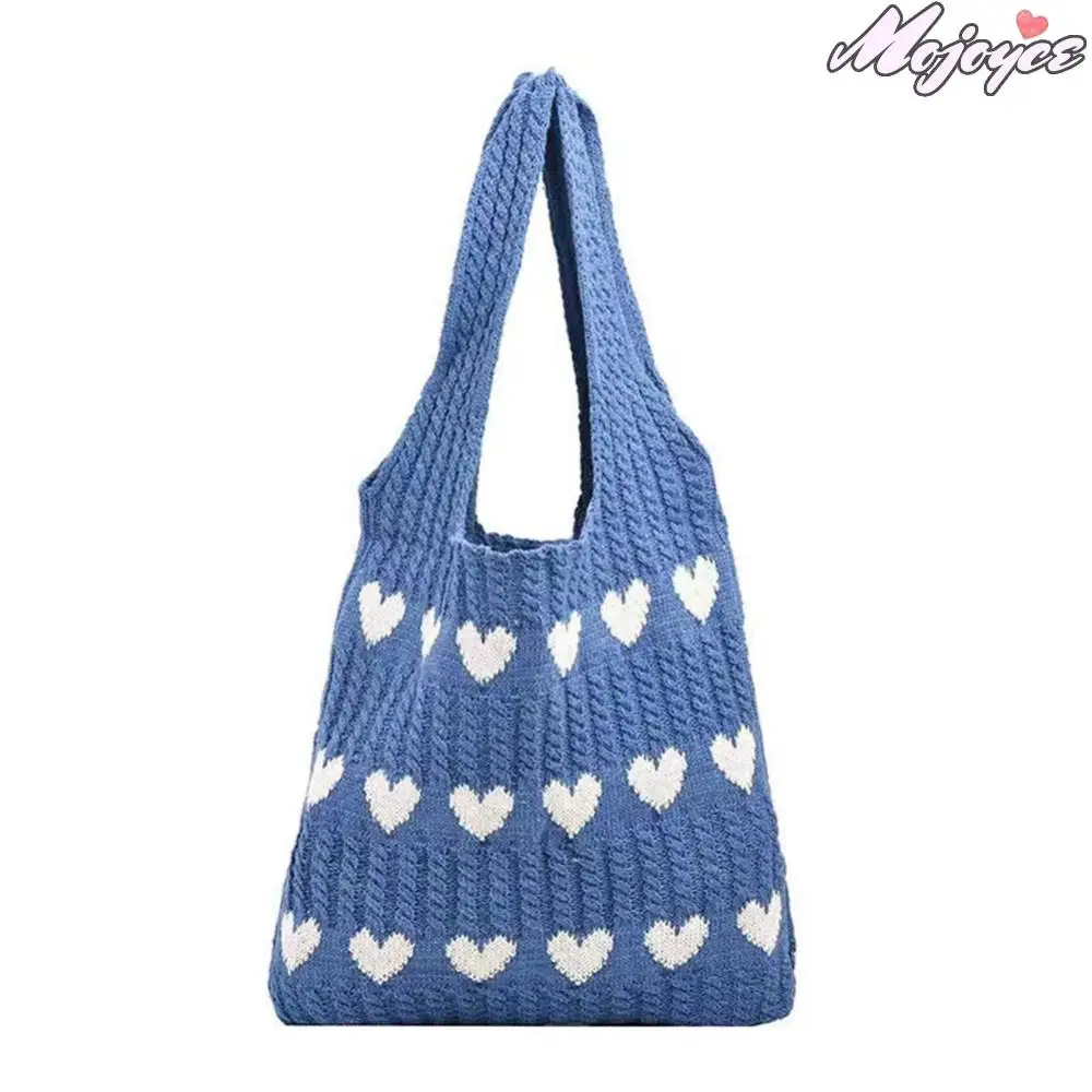 

Women Knit Love Tote Bag Color Blocking Lightweight Handbag Large Capacity Crochet Satchel Bag Armpit Hobo Bag Shopping Bag
