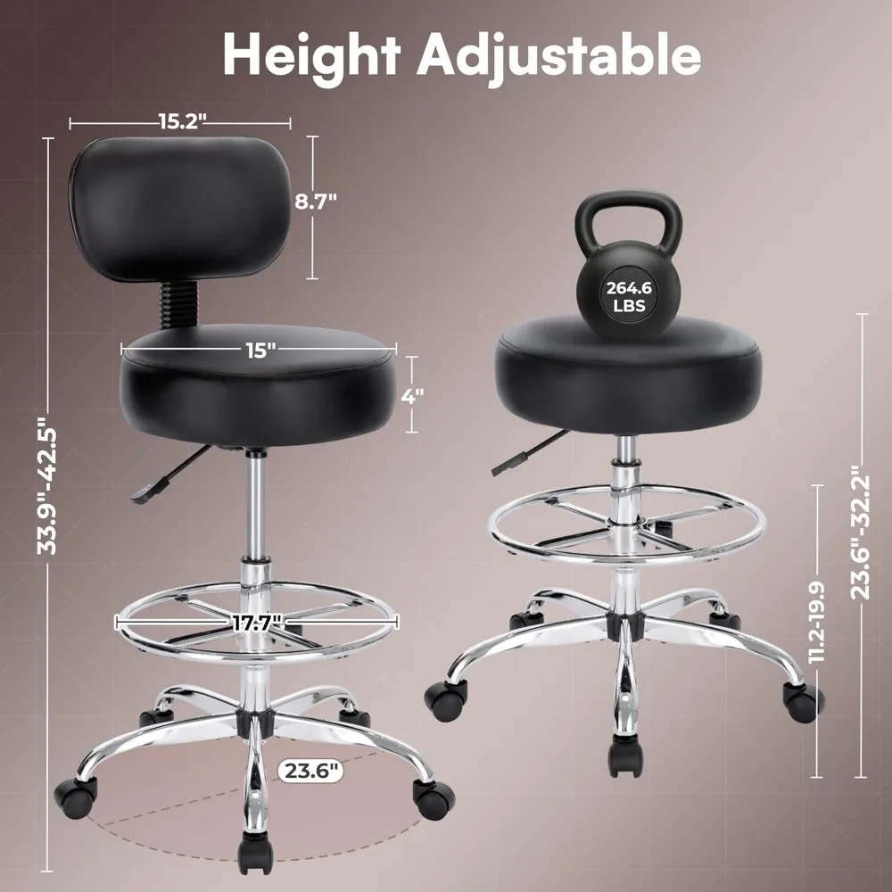 フットレスト付き調節可能な製図椅子、オフィスキッチンショップ用ローリングスツール - ブラック