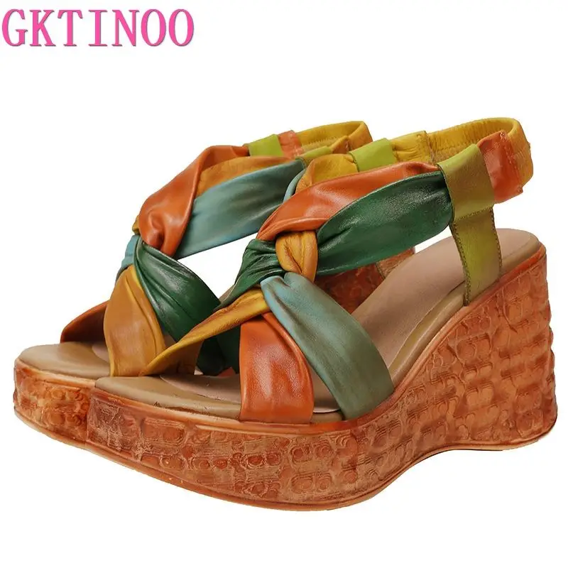 GKTINOO 2024 New Weave Open Toe Sandals Summer Genuine Leather Sandals Thick-soled Wedges Sandals Roman Shoes Women\'s Sandals