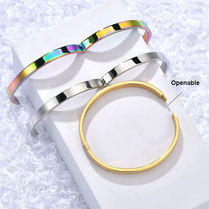 6MM Simple Woman\'s Bangles Cuff Stainless Steel Gold Rose  Black Blue Silver Color Bracelet Wristband Charm Jewelry