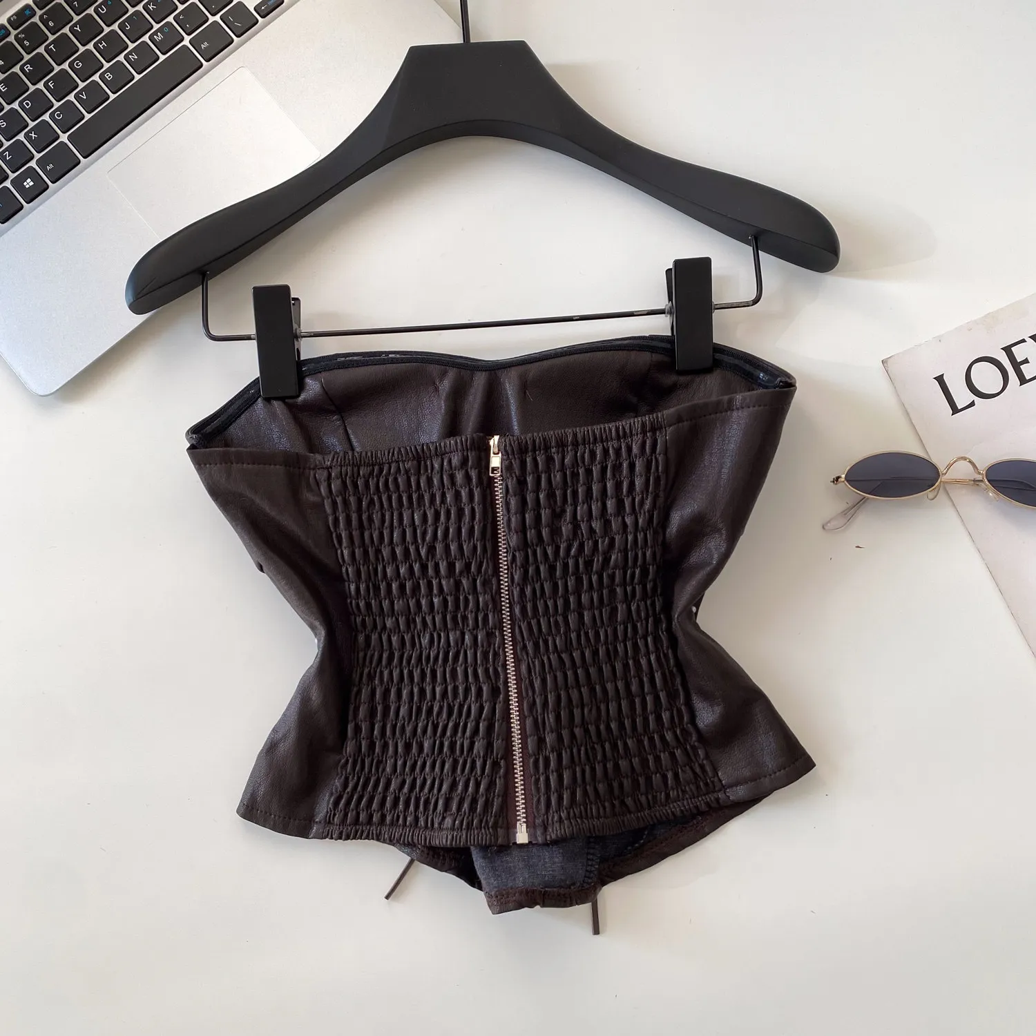 Sexy  Bandage Pu Tube Top Strapless Chic Hotsweet Camis Slim Cropped Tanks Top  Women Corset Bustier
