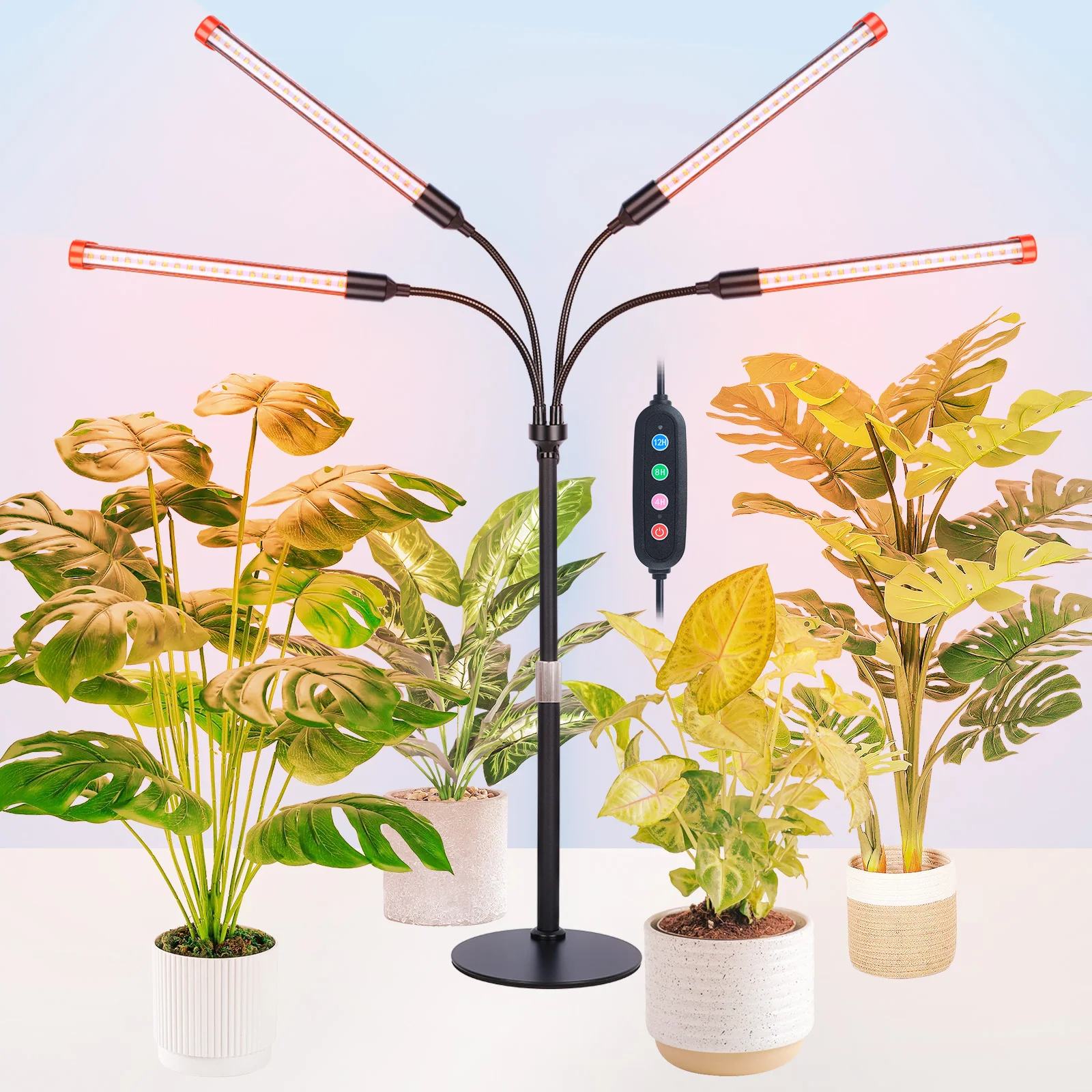 ไฟเติบโตบนโต๊ะ 4 หัวสําหรับพืชในร่ม, เมล็ดเริ่มต้น, บอนไซพร้อมตัวจับเวลา, ปลั๊กไฟบ้าน 36W