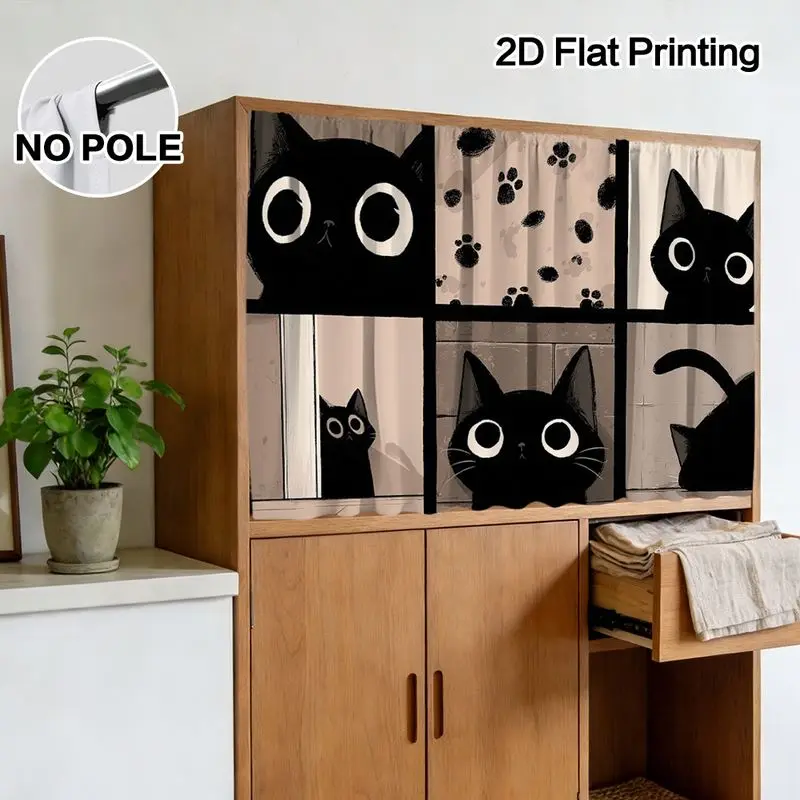 VIKAMA Cabinet Curtain Cat Print Dresser Curtain for Kitchen Sink Shelf Home Cute