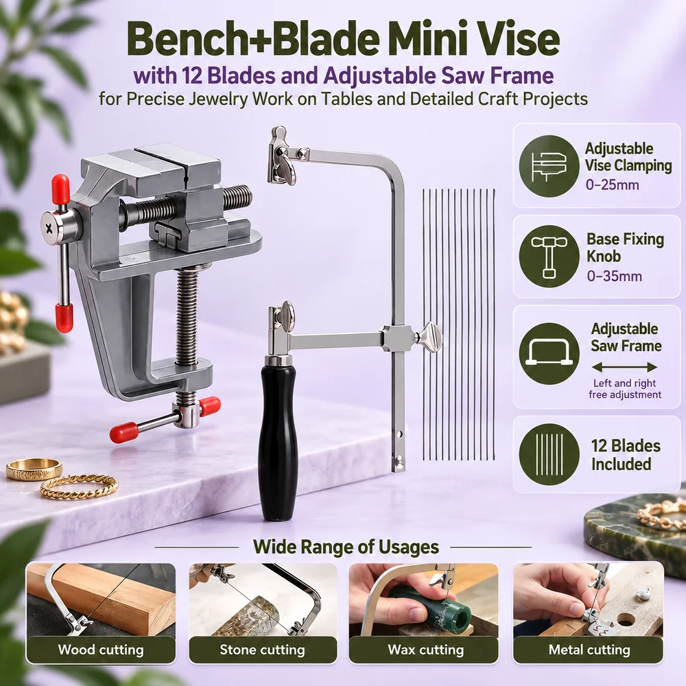 Bench+Blade Mini Vise with 12 Blades and Adjustable Saw Frame for Precise Jewelry Work on Tables and Detailed Craft Projects
