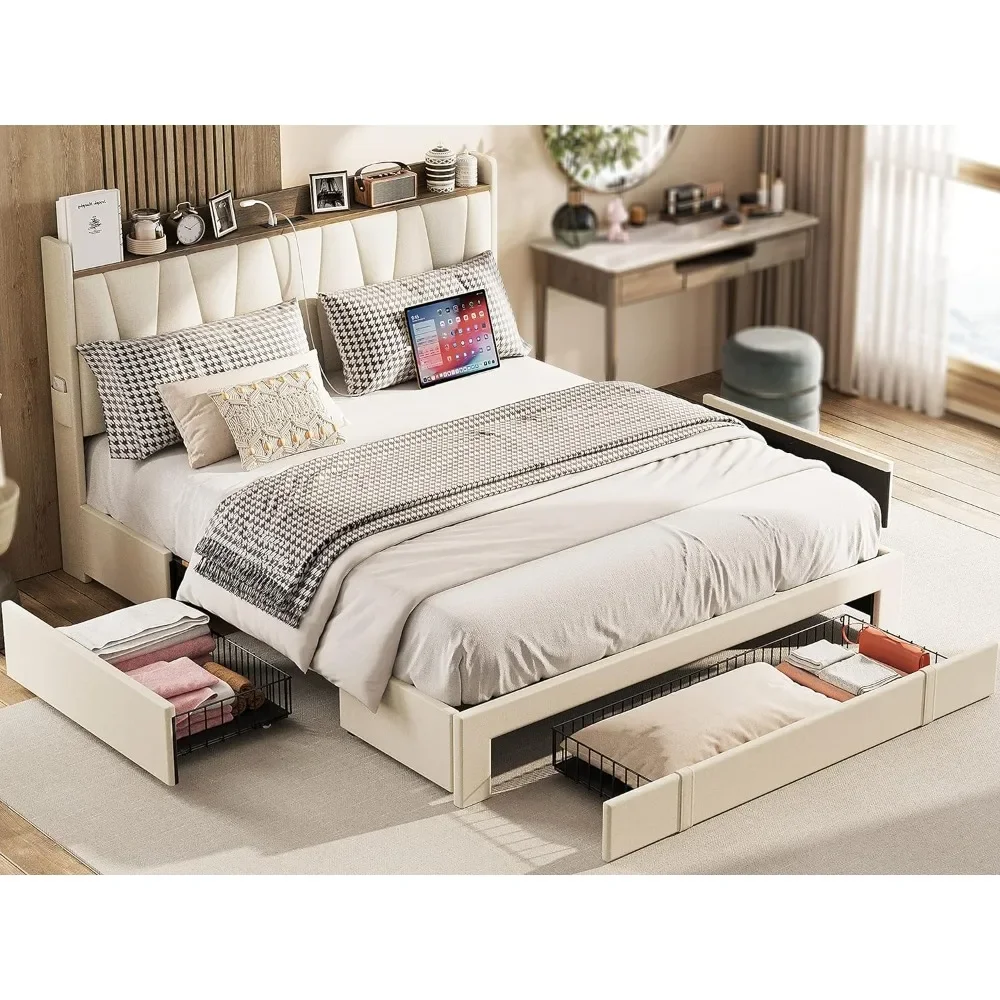 

Queen Size Bed Frame with 3 Drawers, Upholstered Platform Beds with Storage Headboard and Charging Station, Bed Frame