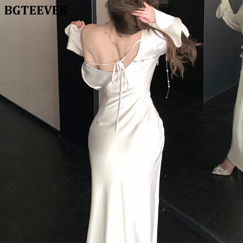 BGTEEVER シックでエレガントなスイングカラーパッケージヒップサテンドレス女性のためのエレガントなスリムウエスト長袖レディースボディコンドレス