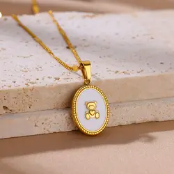 Oval Bear Pendant Necklaces for Women Cuban Chain Stainless Steel Necklace 2024 Trend Animal Aesthetic Jewelry freeshiping items