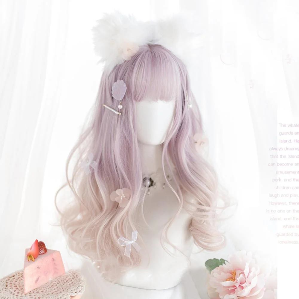 

CosplayMix 55CM Lolita Heat Resistant Japan Cute Hair Pink Purple Ombre Anime Party Synthetic Bangs Cosplay Wig+Cap