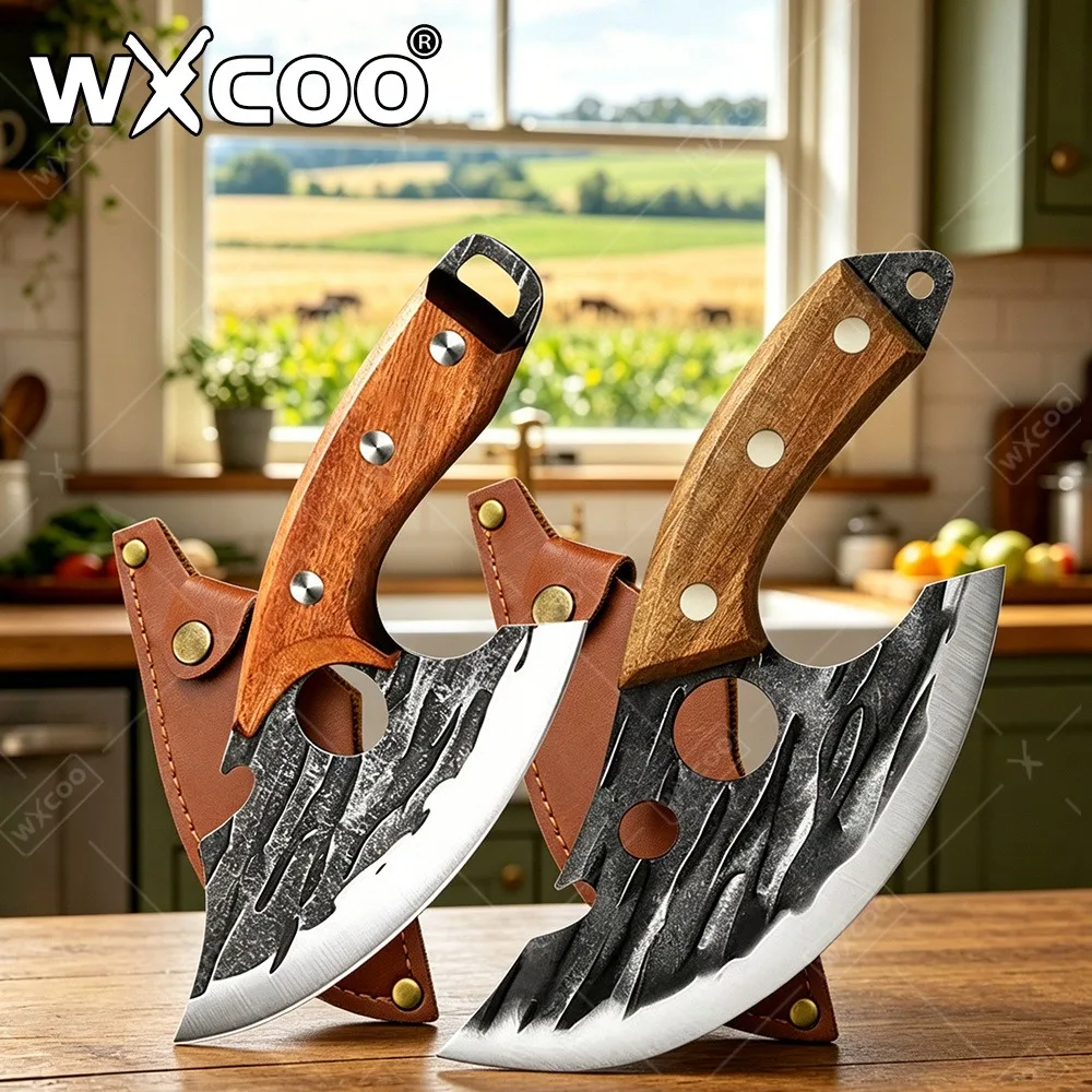 WXCOO Edelstahl Geschmiedetes Küchenmesser Fleischbeil Ausbeinmesser Flaschenöffner Taschenmesser mit Messerhülle Küchenwerkzeuge