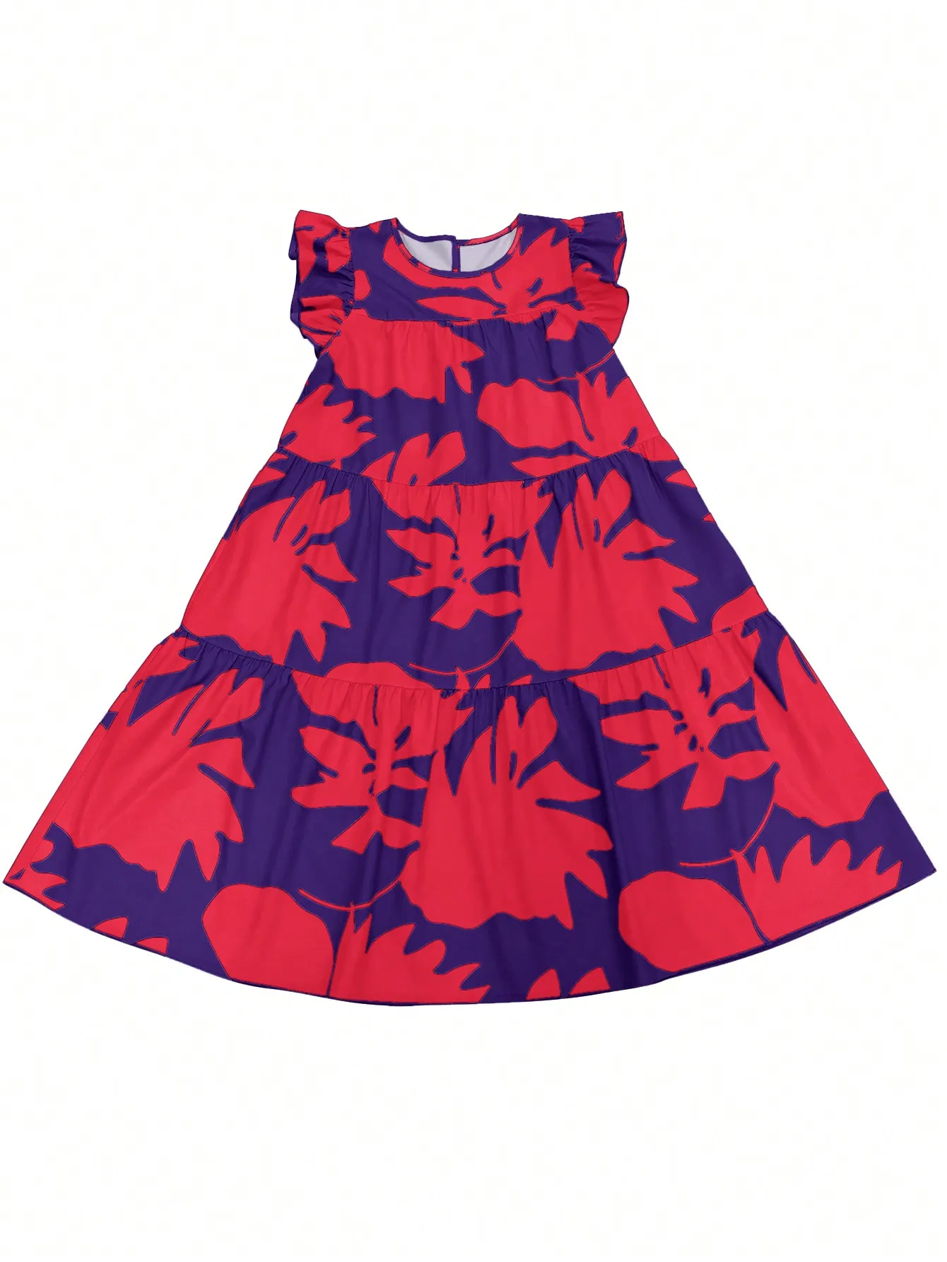 Sommerkleid für Damen, tropischer Blattdruck, locker geschnitten, mit Rüschenärmeln, Rundhalsausschnitt, ideal für Strandurlaub, Midi-Kleid, fließendes Sommerkleid, Damenmode. – Detail 3
