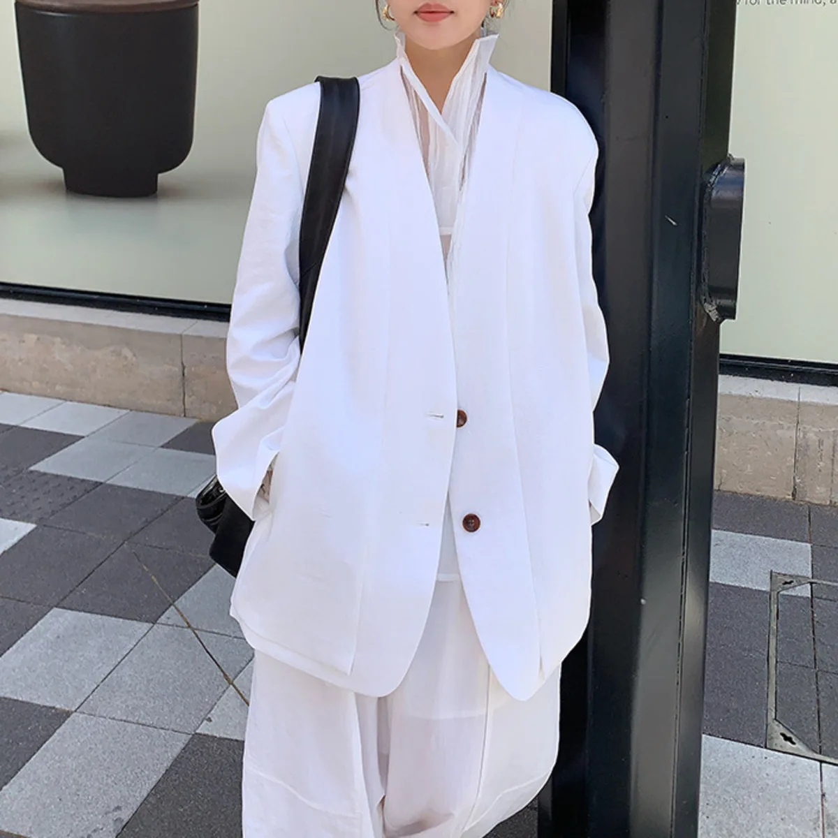 BJTZ Loose Temperament Versatile Solid Color Blazer Jacket For Woman 2025 Trendy New Two Button V-neck Jacket Female Top