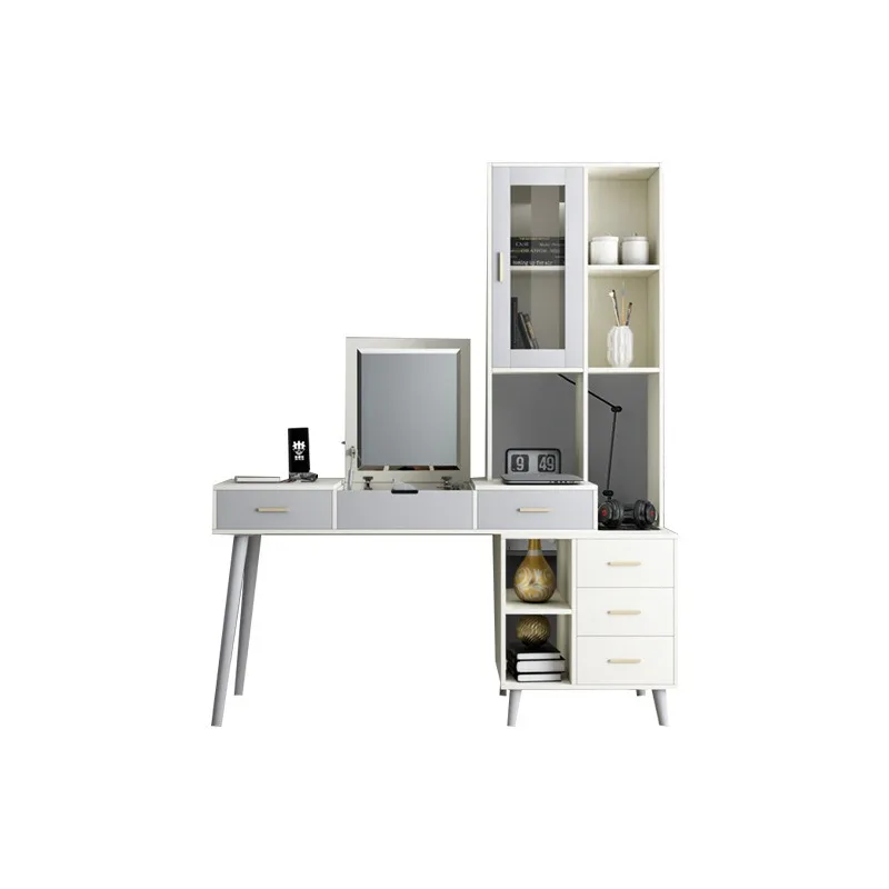 

Современный простой компьютерный стол-трансформер со встроенным зеркалом, выдвижной тумбой и комбинированной книжной полкой