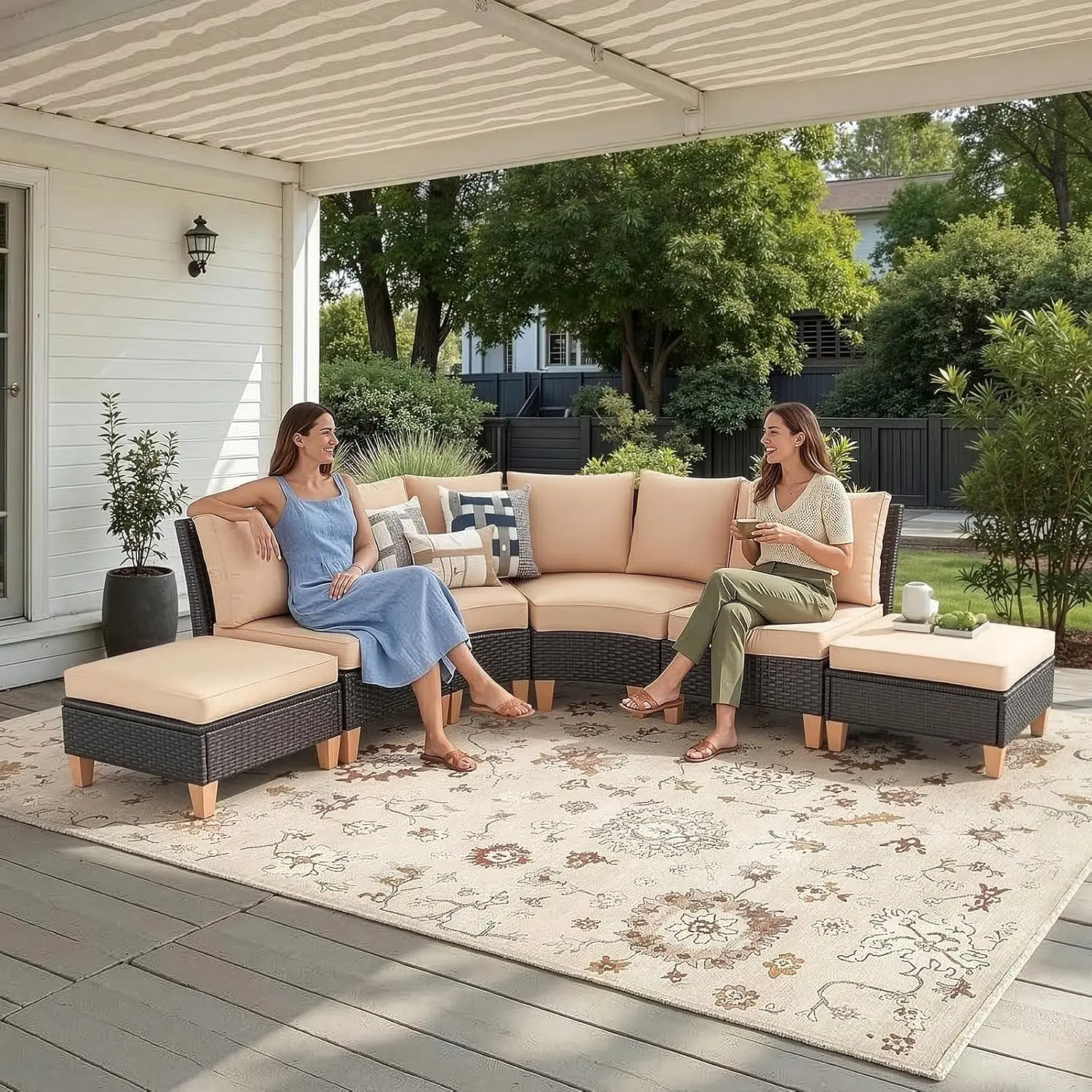 Half-Moon Patio Sectional Sofa Set 6-Piece Wicker Furniture with Cushions All-Weather for Garden Backyard Poolside, Customized