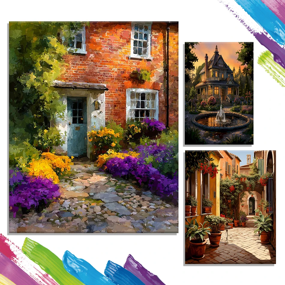 

GATYZTORY Oil Painting By Numbers Retro house architecture Drawing By Numbers Canvas Art Painting Acrylic Color Markers Wall Art