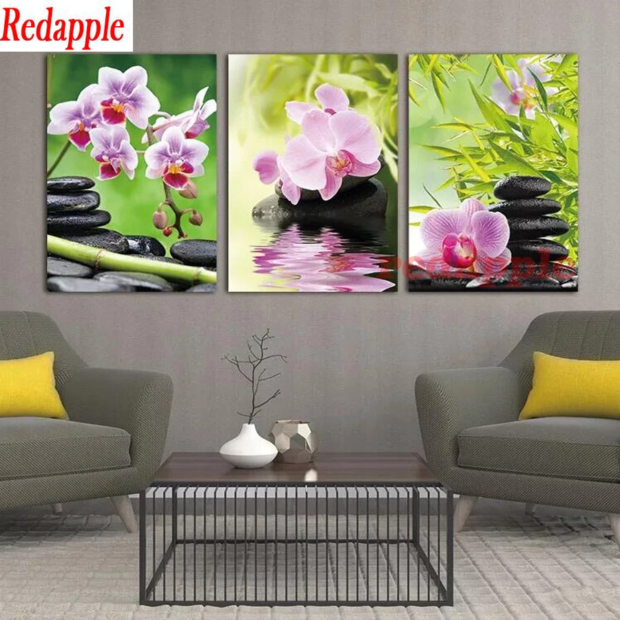 3 pcs pink orchid stone zen spa icon Diamond Embroidery diamond mosaic,diamond painting cross stitch Mural China art puzzle gift