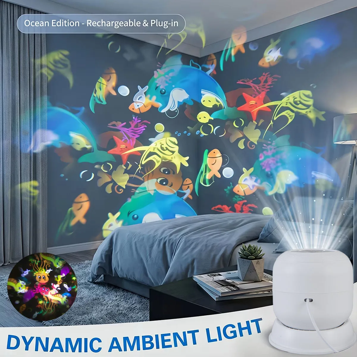 LED Ocean Christmas Projector Light 360° Rotating USB Powered Ambient Light Portable Dynamic Night Lamp for Room Decoration