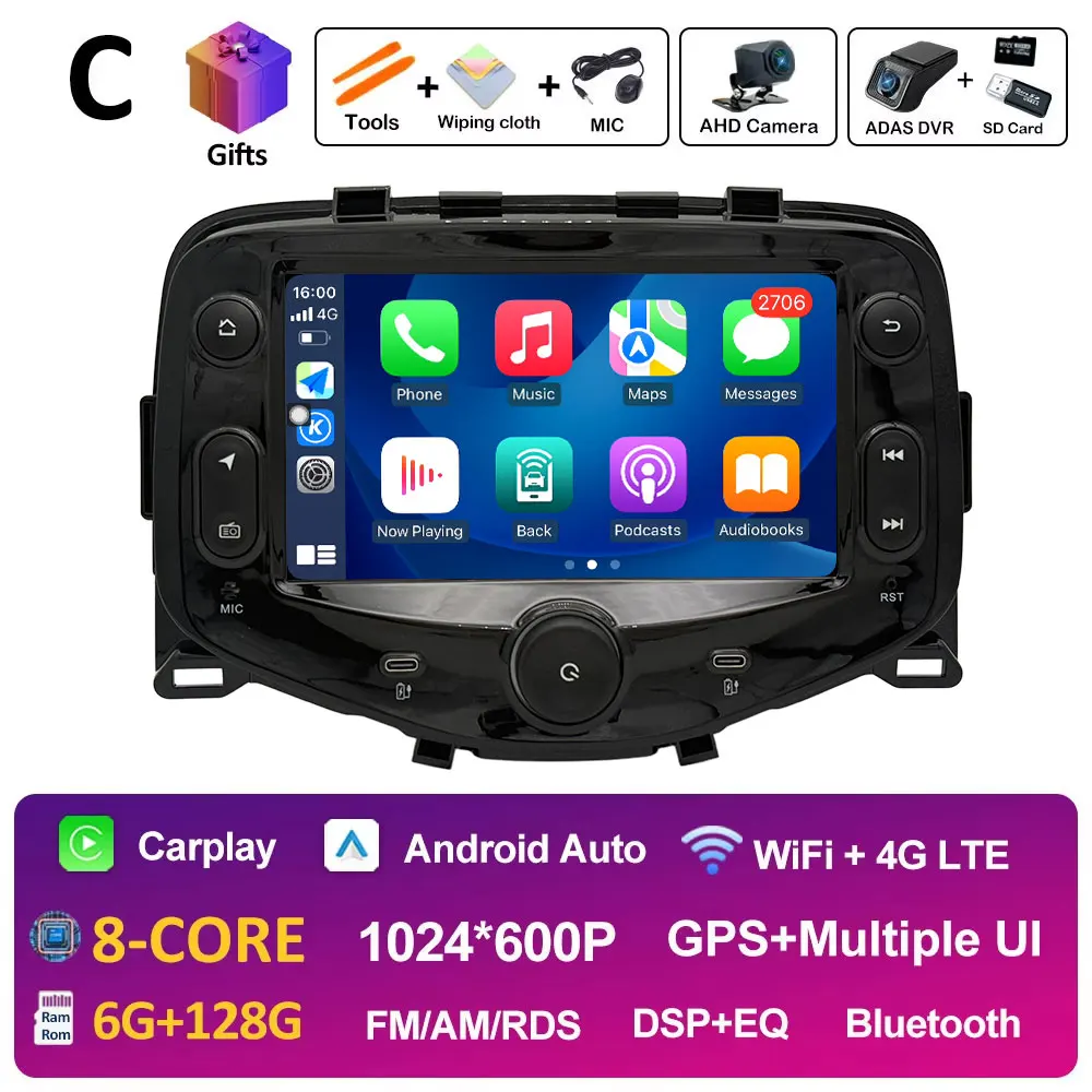 7 "Touchscreen Auto Android 14 voor Toyota Aygo Peugeot 108 Citroen C1 2016 2017-2020 Navigatie GPS DSP Stereo CarPlay Auto - afbeelding 1