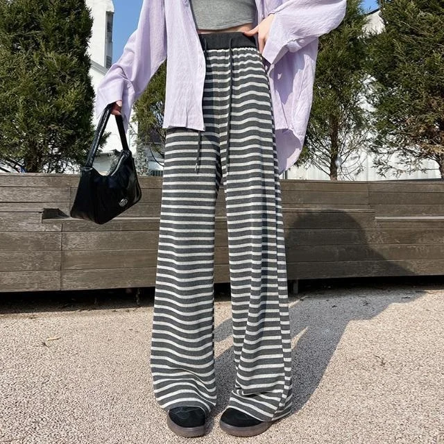 Retro Wide Leg Pants Women's Summer Thin Straight Loose Color Block Stripe Casual Trousers High Waist Comfortable Commute Style