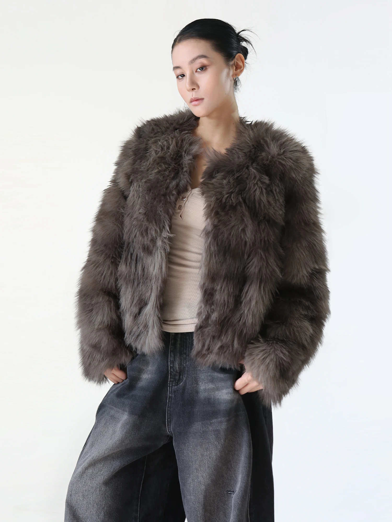 

Куртка SANO Brown из экологичного искусственного меха, глянцевая, с длинным ворсом, короткая, зимняя, повседневная, женская, из полиэфирного волокна