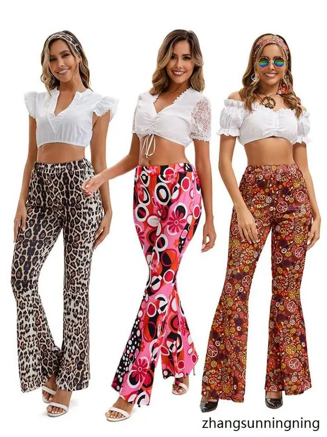 Fashionable Bell Bottom Pants Hippie Style Wide Leg Trousers Color Block Print Long Pants Headscarf for Women Trendy Ethnic Wear