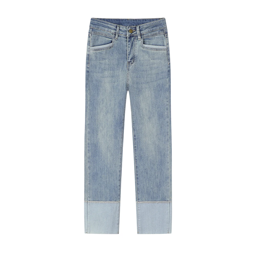 High Waist Loose Women's Jeans Color Block Cuffed Straight Leg Design Sensation Slimming Nine Tube Pants