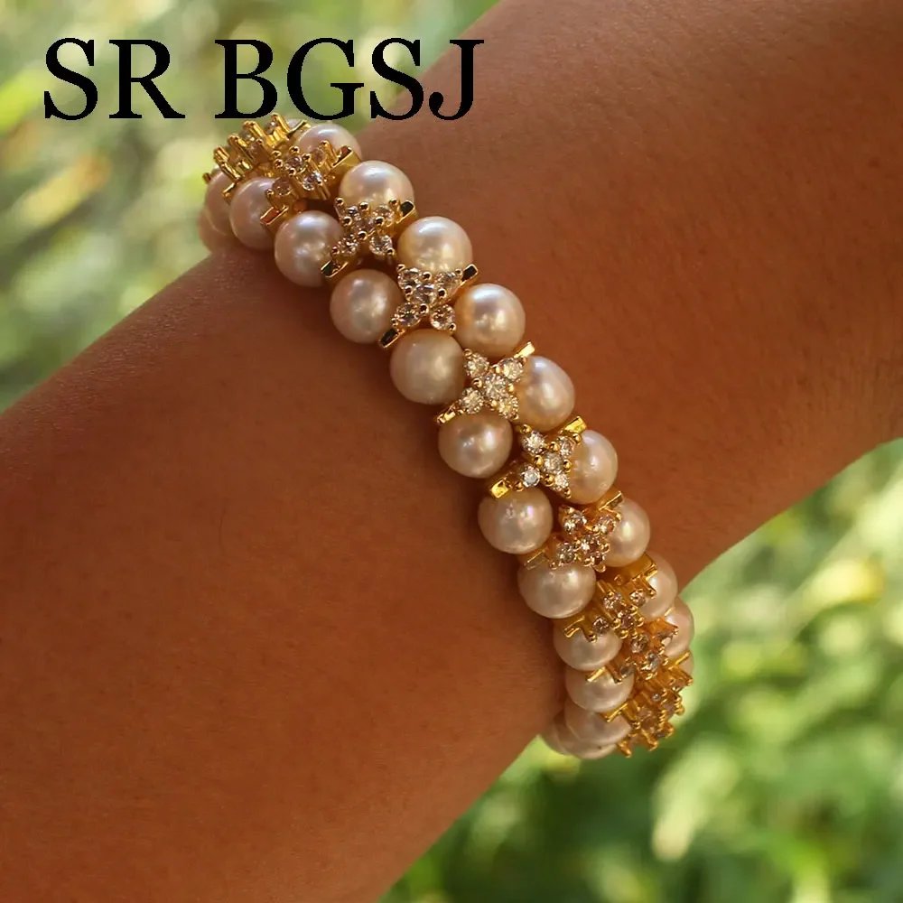 7-8 بوصة 2-صف 7-8 مللي متر جولة اديسون المياه العذبة الطبيعية حبات اللؤلؤ الأبيض قابل للتعديل النساء مجوهرات سوار مرن