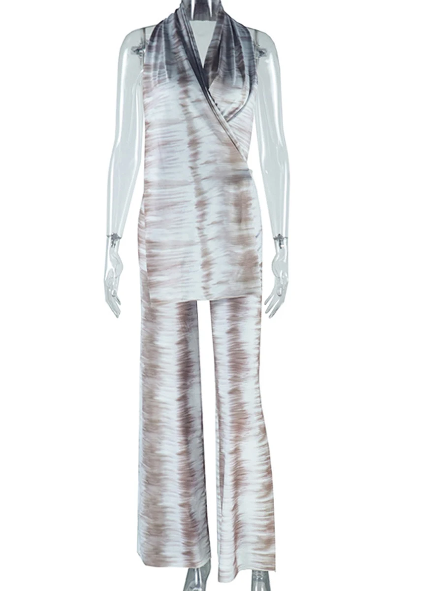 Ziml hit impressão a cores conjuntos de duas peças para mulheres halter sem mangas túnica topos cintura alta calças soltas conjunto minimalista feminino novo