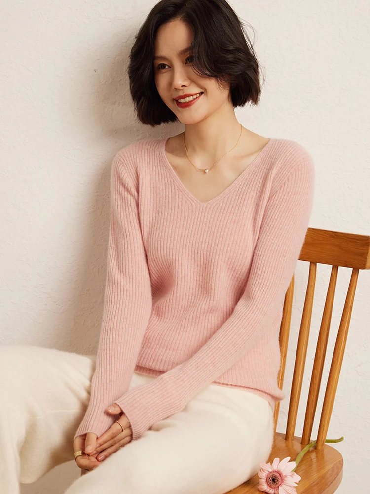 

Модный женский пуловер из 100% кашемира с V-образным вырезом, облегающий, для весны и осени, мягкий, уютный, вязаный, повседневный топ, одежда