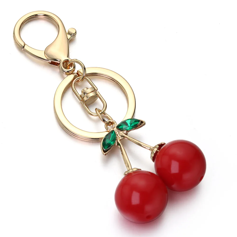 Red Cherry Keychain Keyring Crystal Rhinestone Cute Fruit Female Bag Pendant Accessories Key Chain Ring Holder Jewelry K401