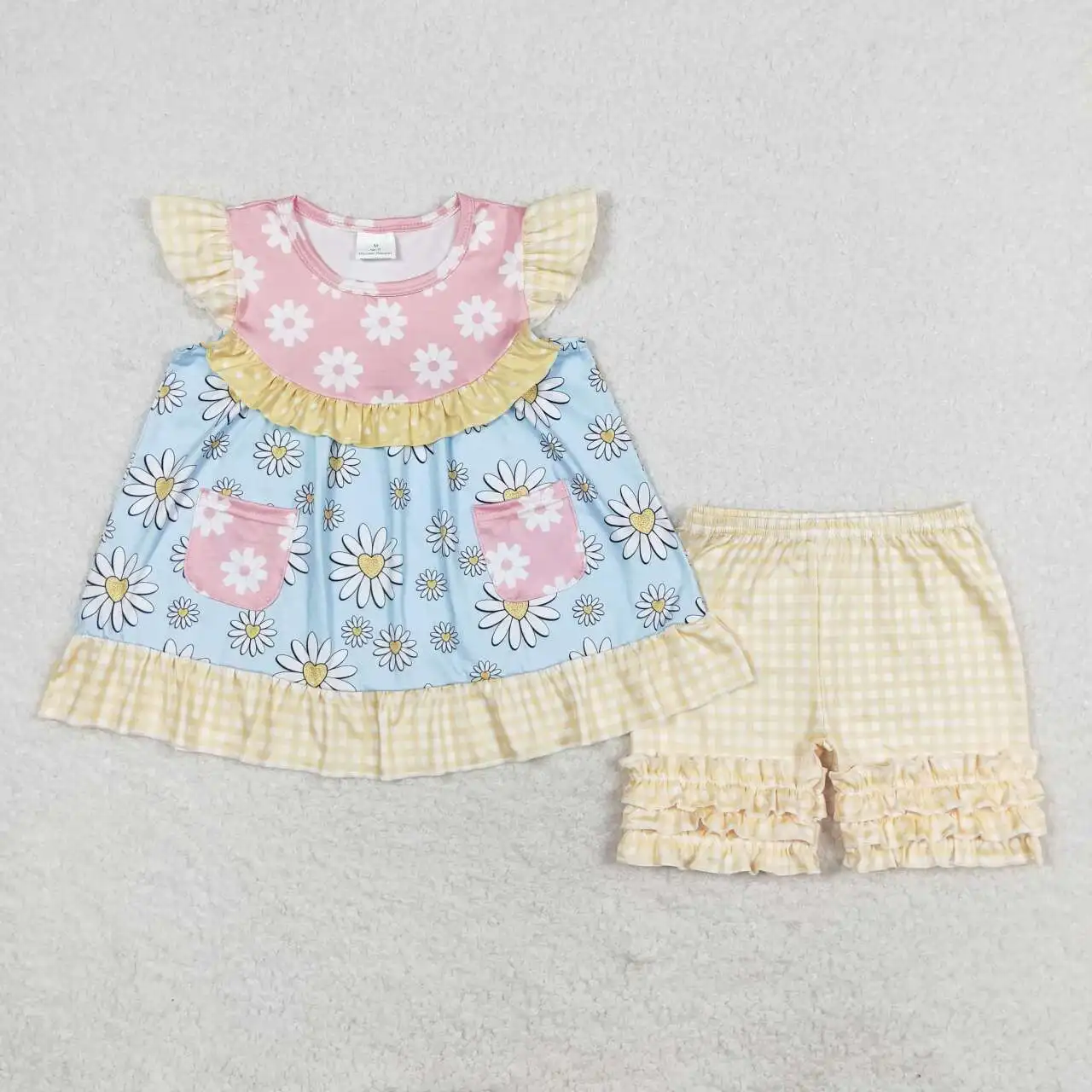 

Baby Girls Floral daisy outfits summer clothing Toddlers wholesale boutique Baby Short Sleeves Top yellow Shorts Kids new sets