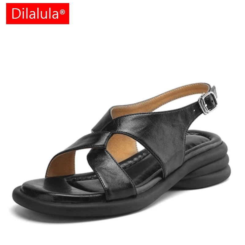 

Dilalula 2025 Genuine Sheepskin Leather Gladiator Sandals Women Med Thick Heels Comfort Rome Retro Summer Daily Sandals Female