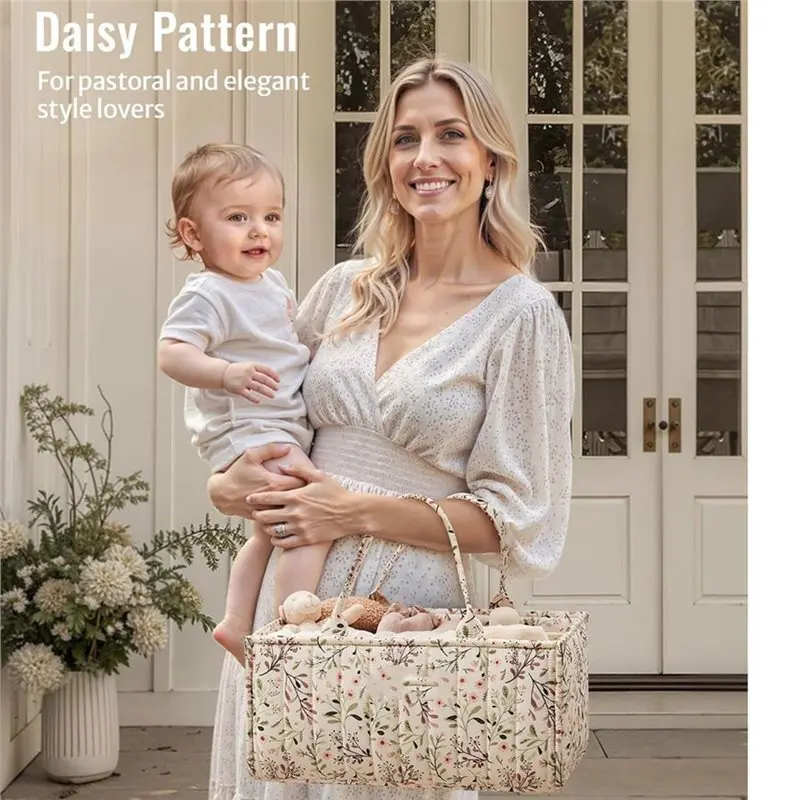 Floral Design Diaper Caddy Organizer, Nursery Storage Basket, Stylish Diaper Bag For Baby Shower Gift, Baby Registry Essential