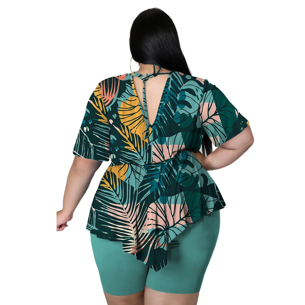 bohemia printed sexy outfits plus size women clothing v neck top short pant suits summer two piece set Wholesale Dropshipping