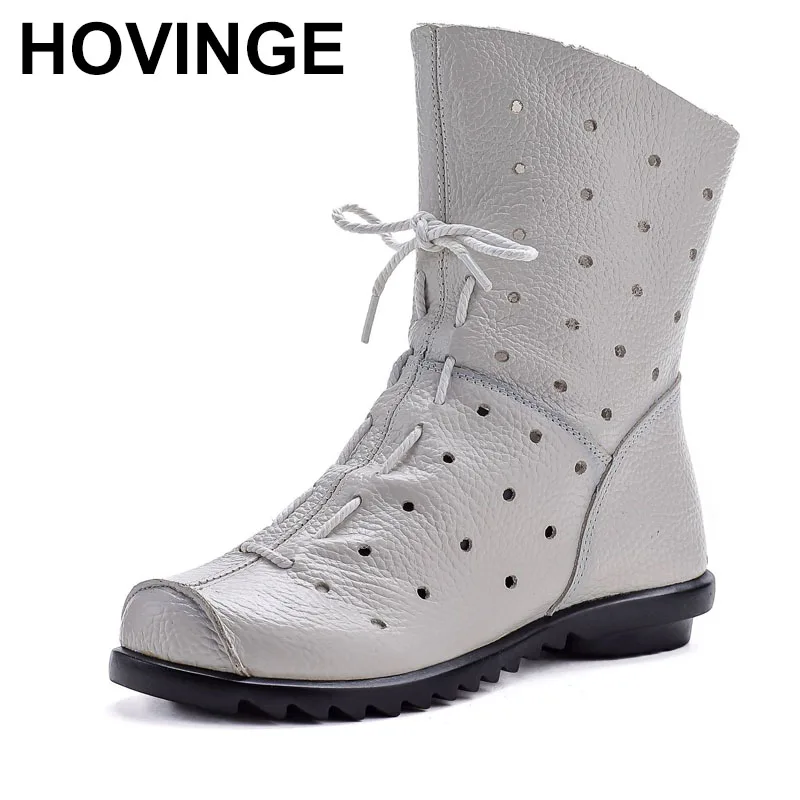 

New genuine leather boots women's laced up hollow out shoes ladies zip up mid calf boots woman concise white luxury boot vintage