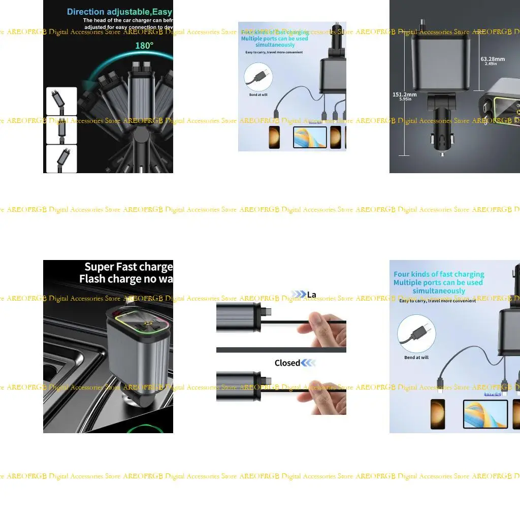 

E21E Car Charging Adapter 180 Degree Adjustable with Retractable Cable Fast Car for Phone Tablet Car Adapter