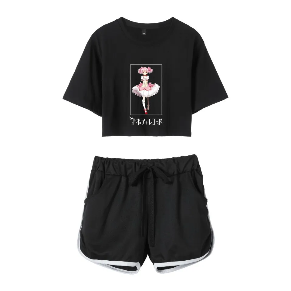 Fashion Novelty Youthful Magical Girl Print Short Sleeve Sexy Shorts+lovely T-shirts Dew navel Pretty Girl suits Two Piece Set