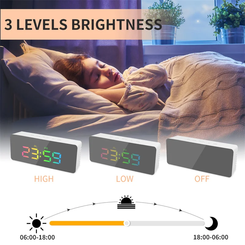 Mirror Alarm Clock Temperature Date 2 Display Mode Night Mode Snooze Table Clock 3 Level Brightness USB LED Digital  Clock