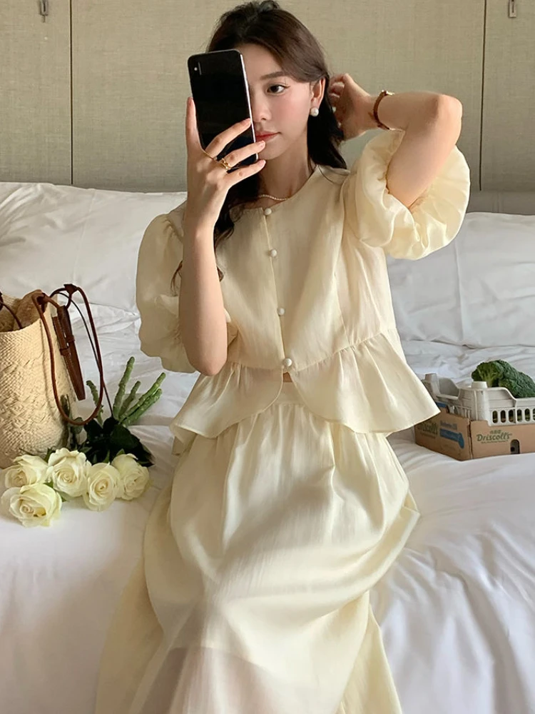 2 Pcs Sets Women Shirts Chemise Femme Puff Sleeve Crop Tops All-match Solid Midi Skirts Korean Style Fashion Basic Юбка Женская