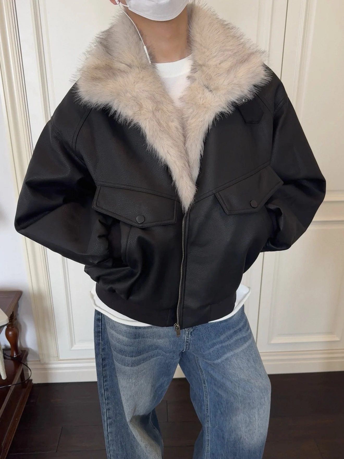 

Retro American Plu Alligator Skin Cotton Jaet Men's Winter Warm Casual Loose Fit Cotton Coat Leather Outerwear