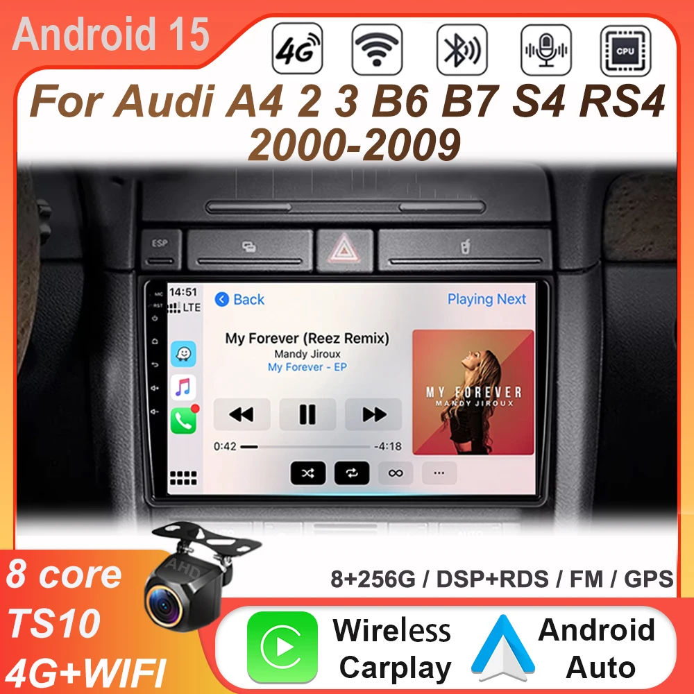 Car radio For Audi A4 2 3 B6 B7 S4 RS4 2000-2009 Carplay Android15 Auto Video Head Unit Stereo GPS Multimedia Player No 2Din DVD