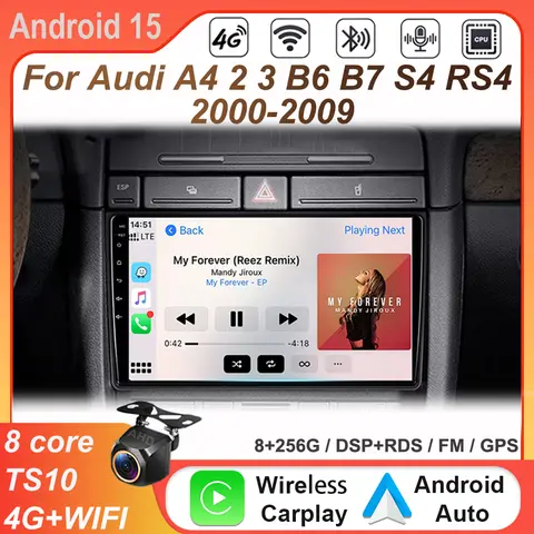 아우디 A4 2 3 B6 B7 S4 RS4 2000-2009용 카플레이 안드로이드15 자동차 비디오 헤드 유닛 스테레오 GPS 멀티미디어 플레이어 (2Din DVD 없음)