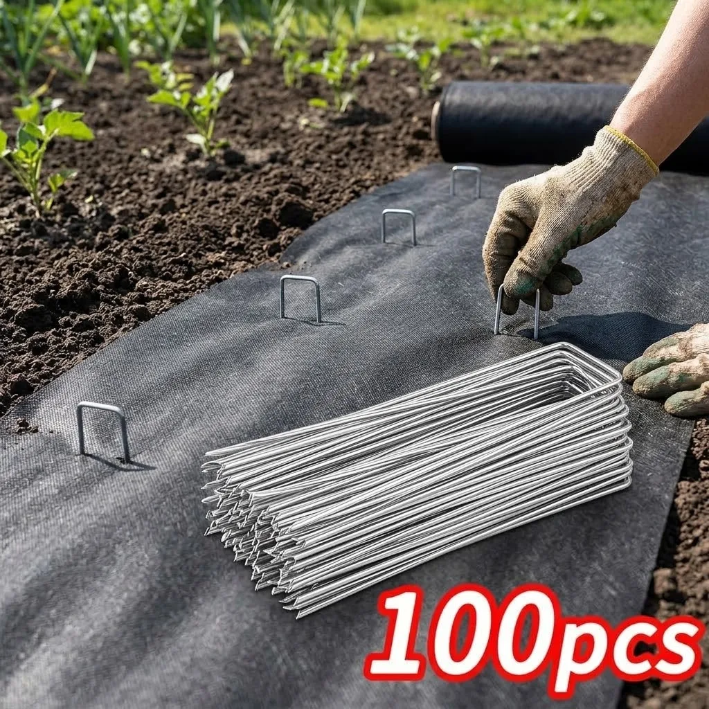 100Pcs Galvanized U Type Garden Staples Heavy Duty Fence Stake Sod Pins Landscape Stakes Spike Holding Weed Barrier Ground Cover
