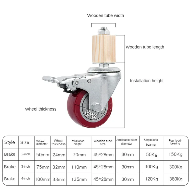 4 Pcs/Lot 3 Inch Caster 30mm Square Tube Stainless Steel Furniture Leg Iron With Brake Universal Wheel